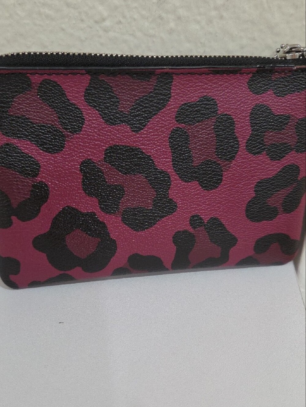 Coach Pink Leopard Print Leather Zip Pouch with Silver Hardware - Picture 3 of 4